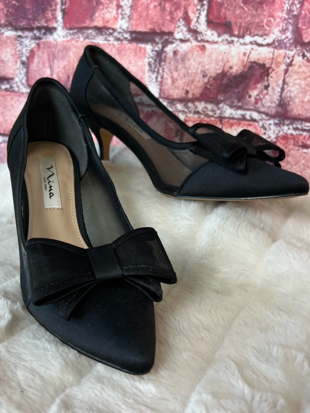 Nina Bianca-LS Black Satin Mesh Bow Pointed Toe Kitten Heel Pumps Size 7